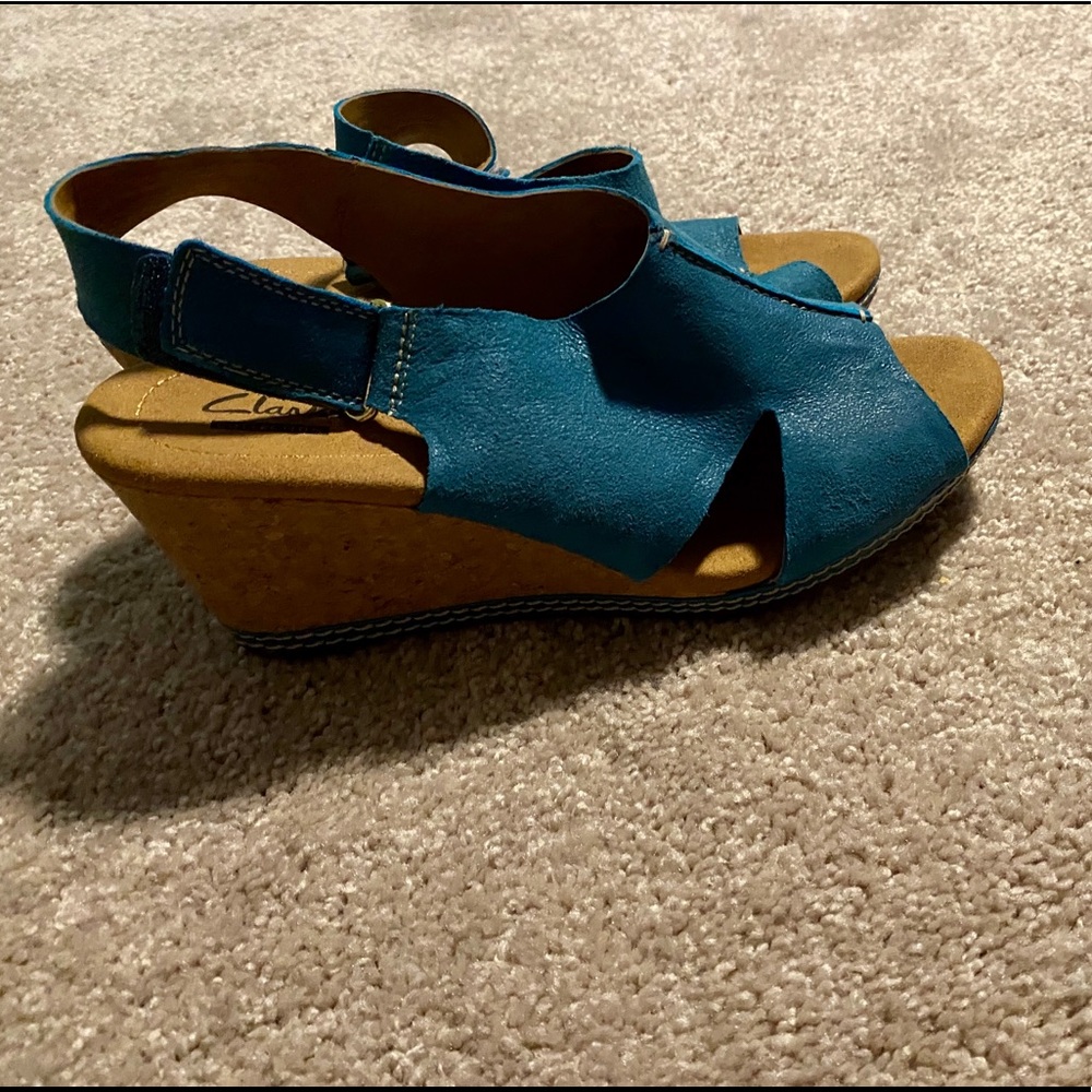 Clarks cork wedge sling back sandals, never worn